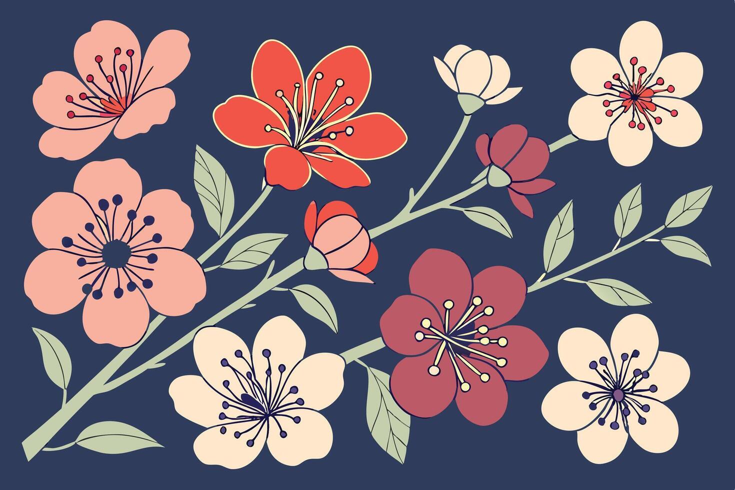 Serene Blossom Branch A Delightful Illustration of Pink, Red, and White Flowers on a Dark Blue Background vector