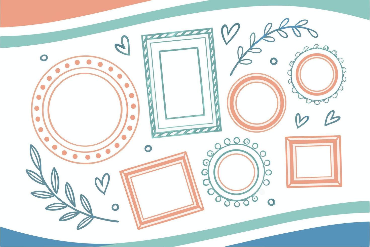 Charming Pastel Frames and Hearts A Delightful Hand-Drawn Illustration for Wedding Invitations, Scrapbooking, and Digital Design Projects vector