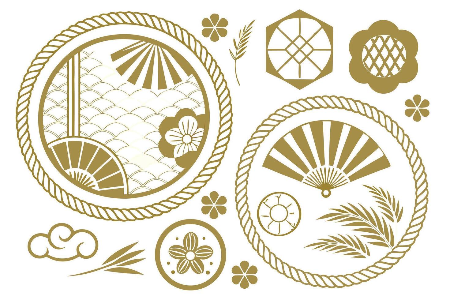 Elegant Gold Japanese Design Elements Fans, Flowers, and Waves in Serene White Background - Professional digital artwork with vibrant colors and detailed composition vector