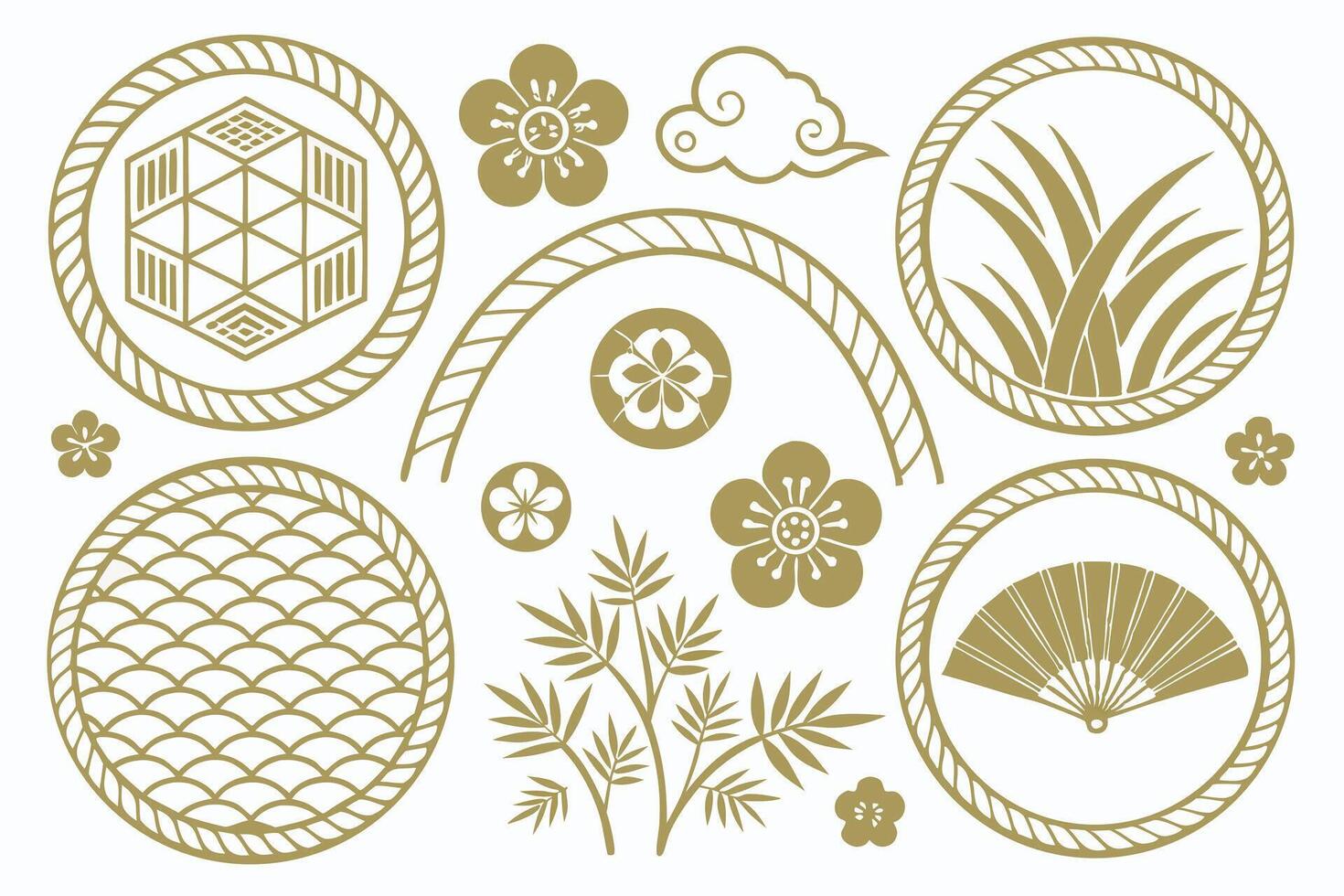 Elegant Gold Japanese Design Elements Serene Floral, Geometric, and Nature-Inspired Motifs on White Background - Professional digital artwork with vibrant colors and detailed composition vector