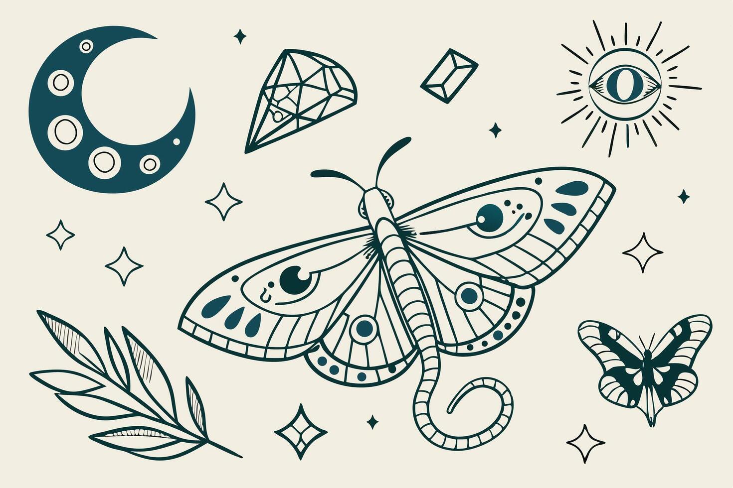 Mystical Celestial Moth Illustration Enchanting Line Art of Butterfly, Moon, Stars, and Crystals in a Dreamy, Dark Teal Aesthetic vector