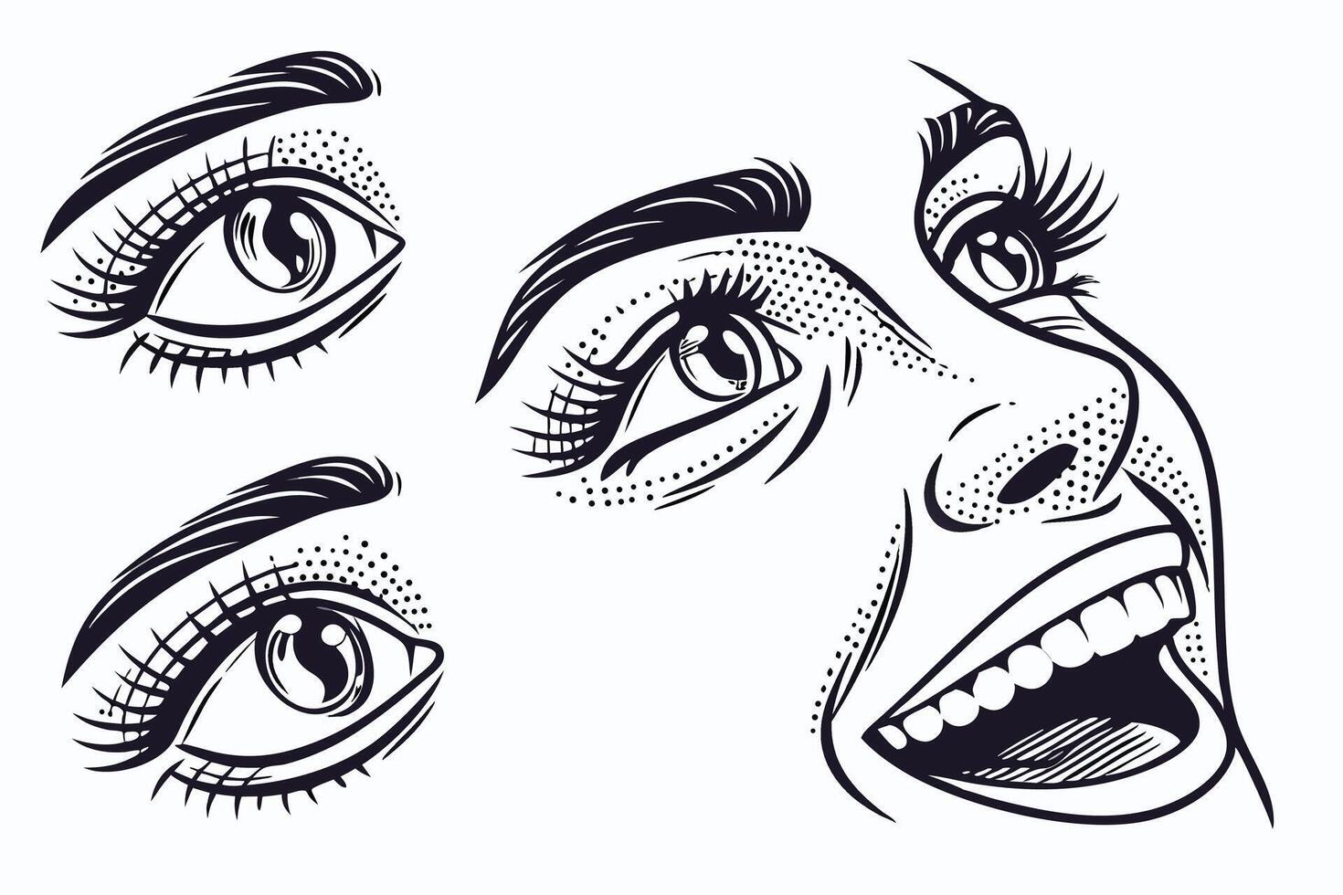 Joyful Womans Face Close-up Detailed Ink Drawing of Eyes, Nose, and Open Mouth Smiling in a Vintage Style vector