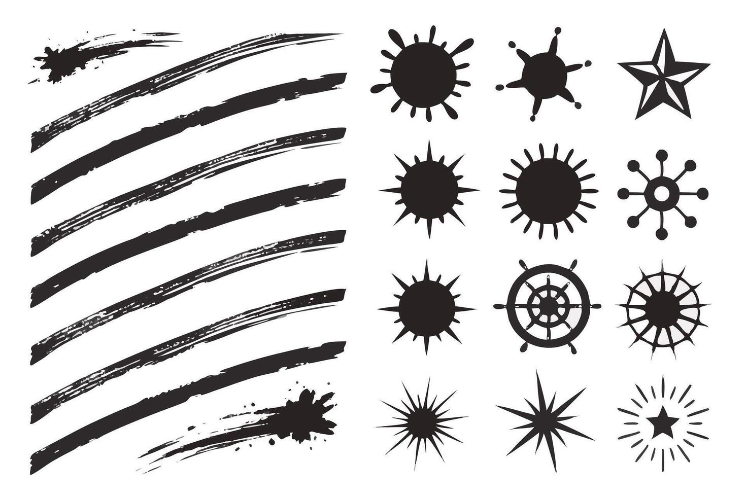 Dramatic Black Ink Brush Strokes and Nautical Starburst Graphics Set for Design Projects - Professional digital artwork with vibrant colors and detailed composition vector