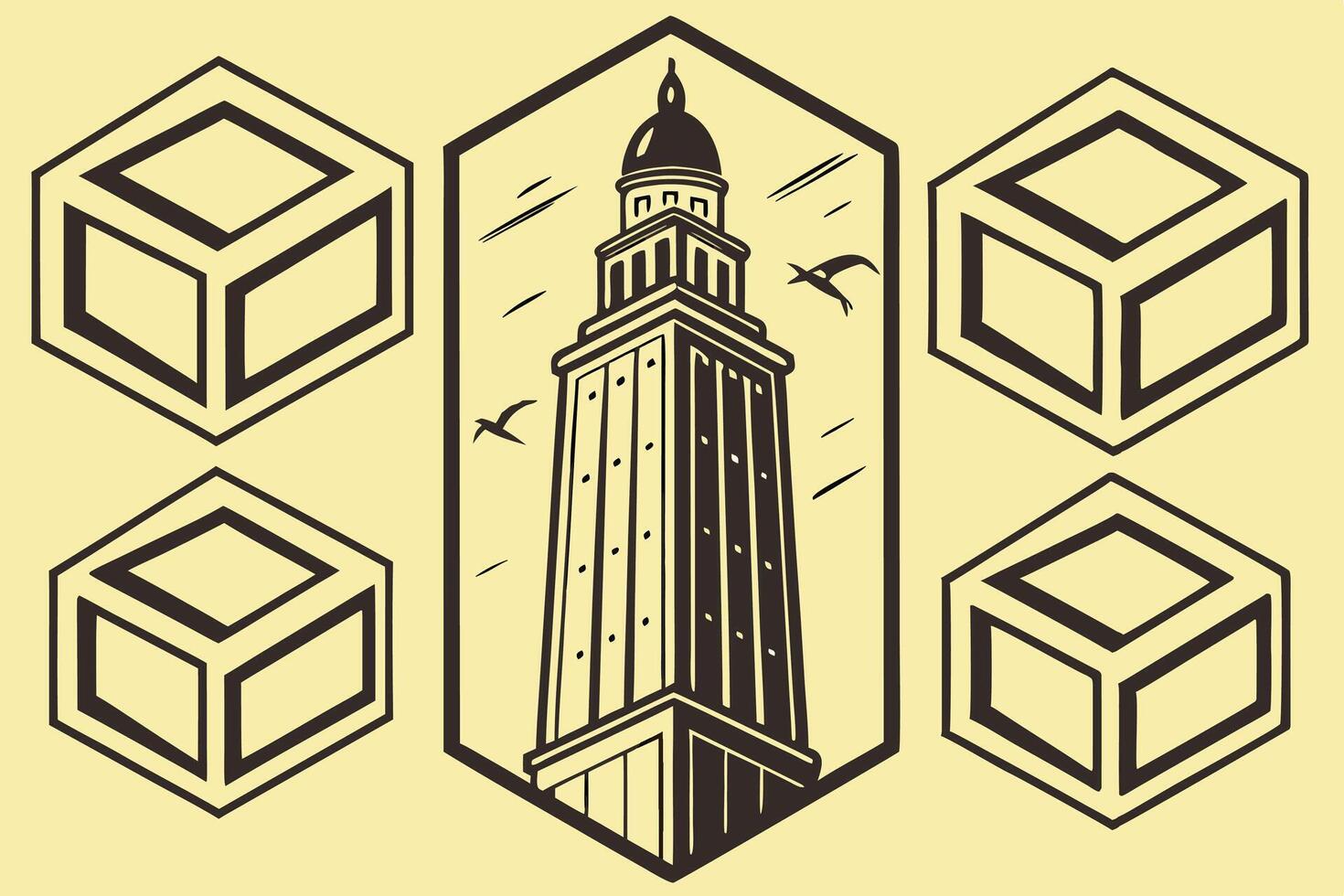 Majestic Lighthouse Illustration with Geometric Cubes, Coastal Scene, Vintage Style, Nautical Theme, Retro Design, Serene Atmosphere, Graphic Art, Stylish Image vector