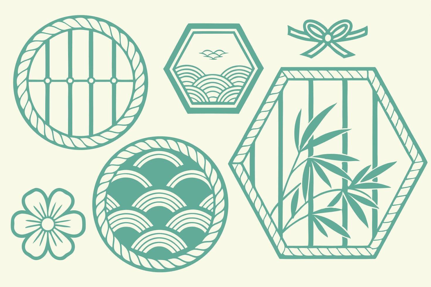 Serene Teal Asian-Inspired Design Elements Elegant Floral, Bamboo, and Wave Patterns for Peaceful Aesthetic - Professional digital artwork with vibrant colors and detailed composition vector