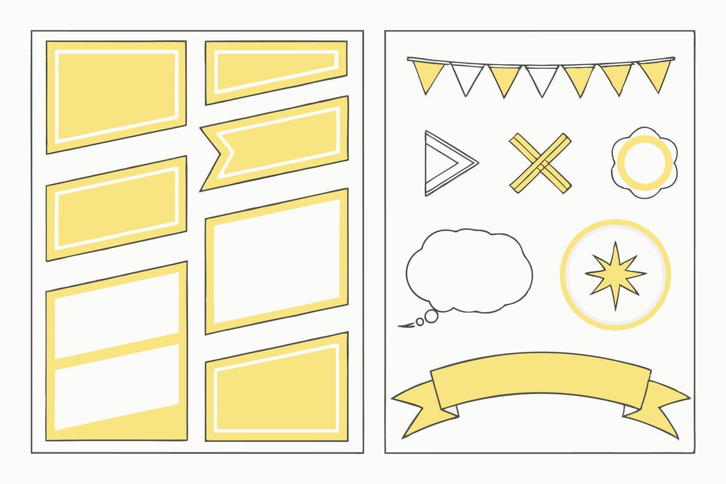 Cheerful Yellow and White Printable Scrapbook Elements Cute Frames, Banners, and Speech Bubbles for Joyful Design Projects vector