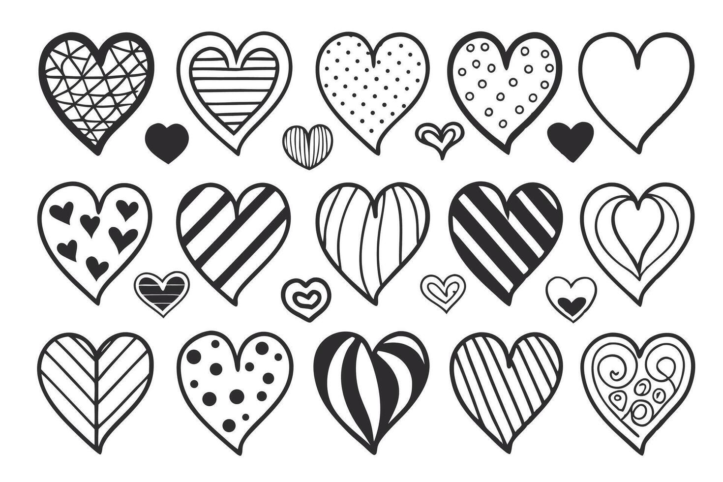 Collection of Cute Hand-Drawn Black and White Hearts for Valentines Day, Romantic Designs, and Creative Projects vector