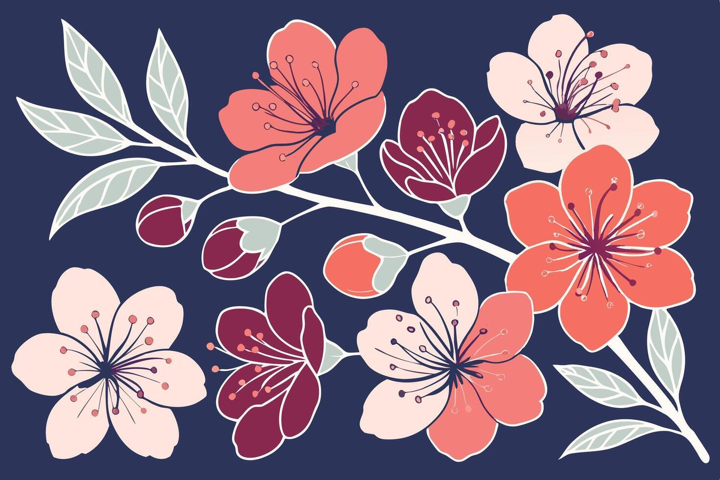 Serene Blossom Branch A Delicate Illustration of Pink, Coral, and Burgundy Cherry Blossoms on a Navy Blue Background vector