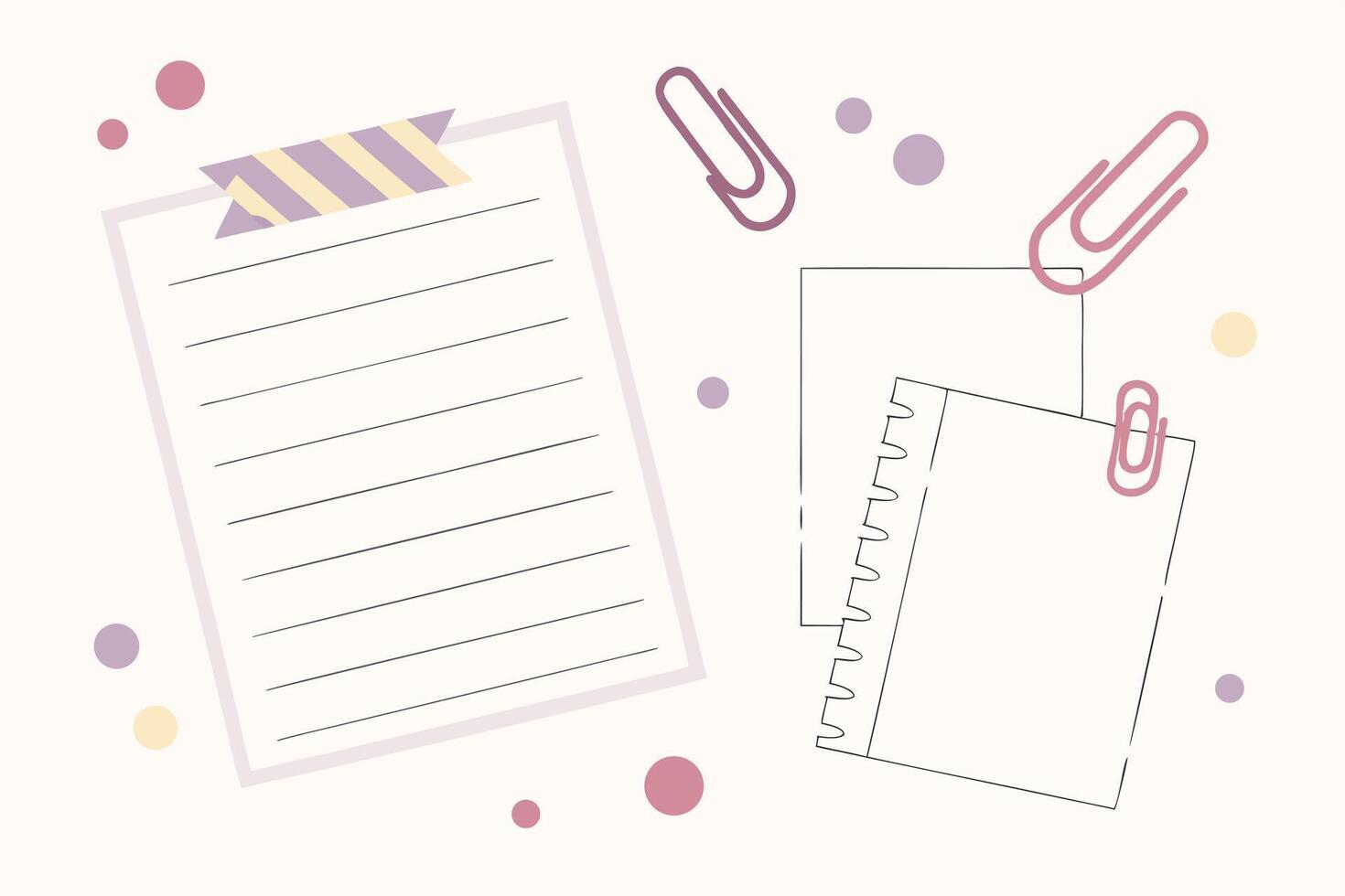 Serene Pastel Stationery Layout Blank Lined Paper, Notepad, and Paper Clips on a White Background, Inspiring a Calm and Organized Workspace vector