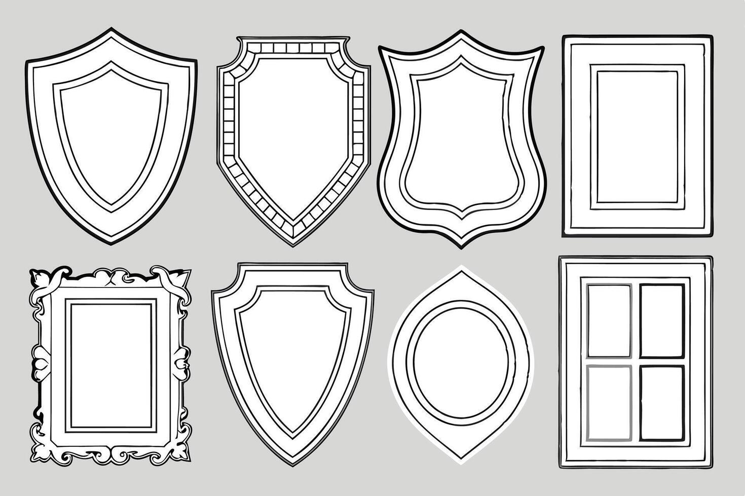 Elegant Collection of Eight Ornate Blank Frames Classic Shields, Baroque Picture Frames, and Decorative Borders for Design Projects vector