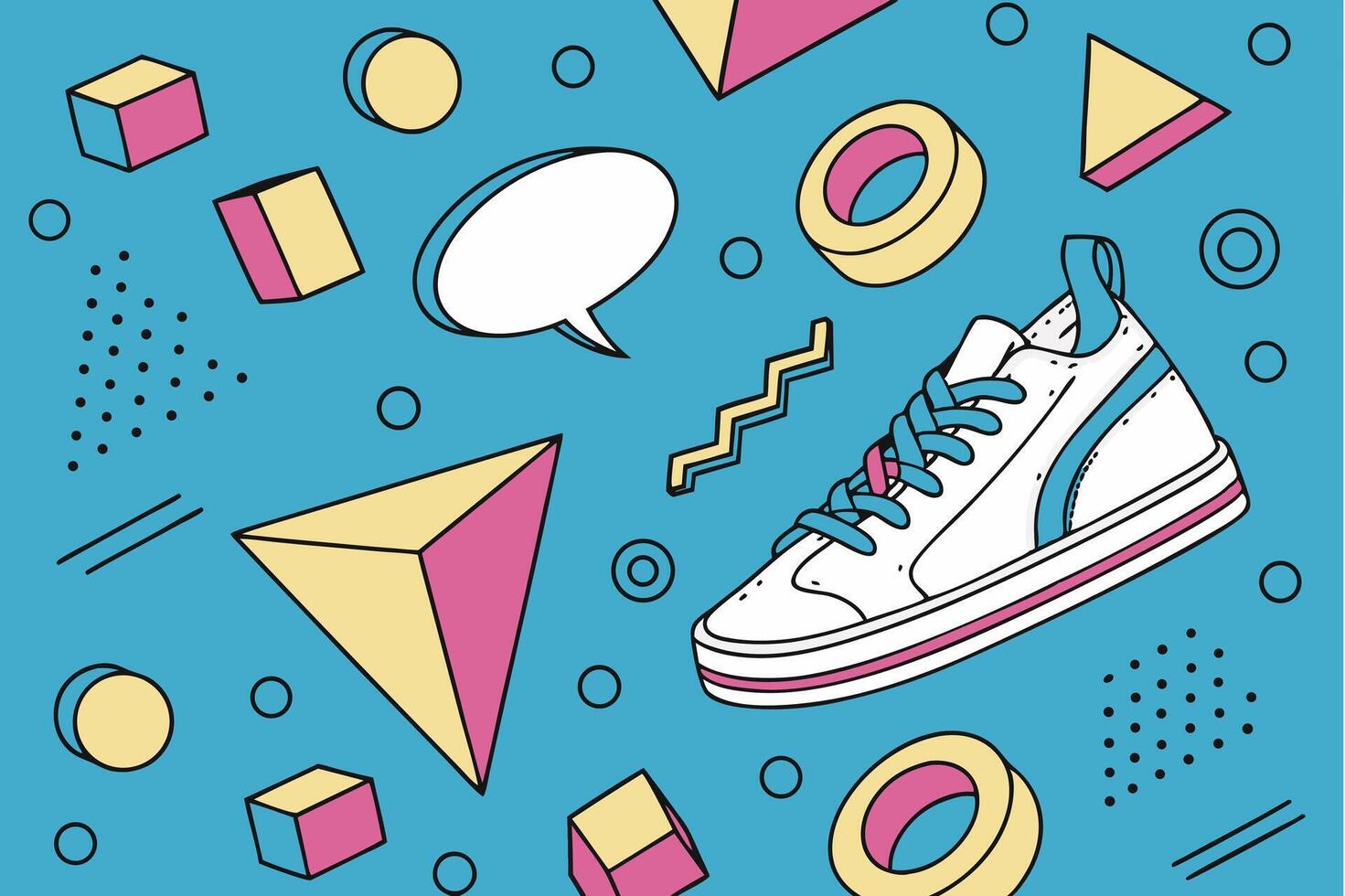Stylish White Sneaker in a Vibrant 80s Retro Geometric Design, Trendy Fashion Illustration - Professional digital artwork with vibrant colors and detailed composition vector