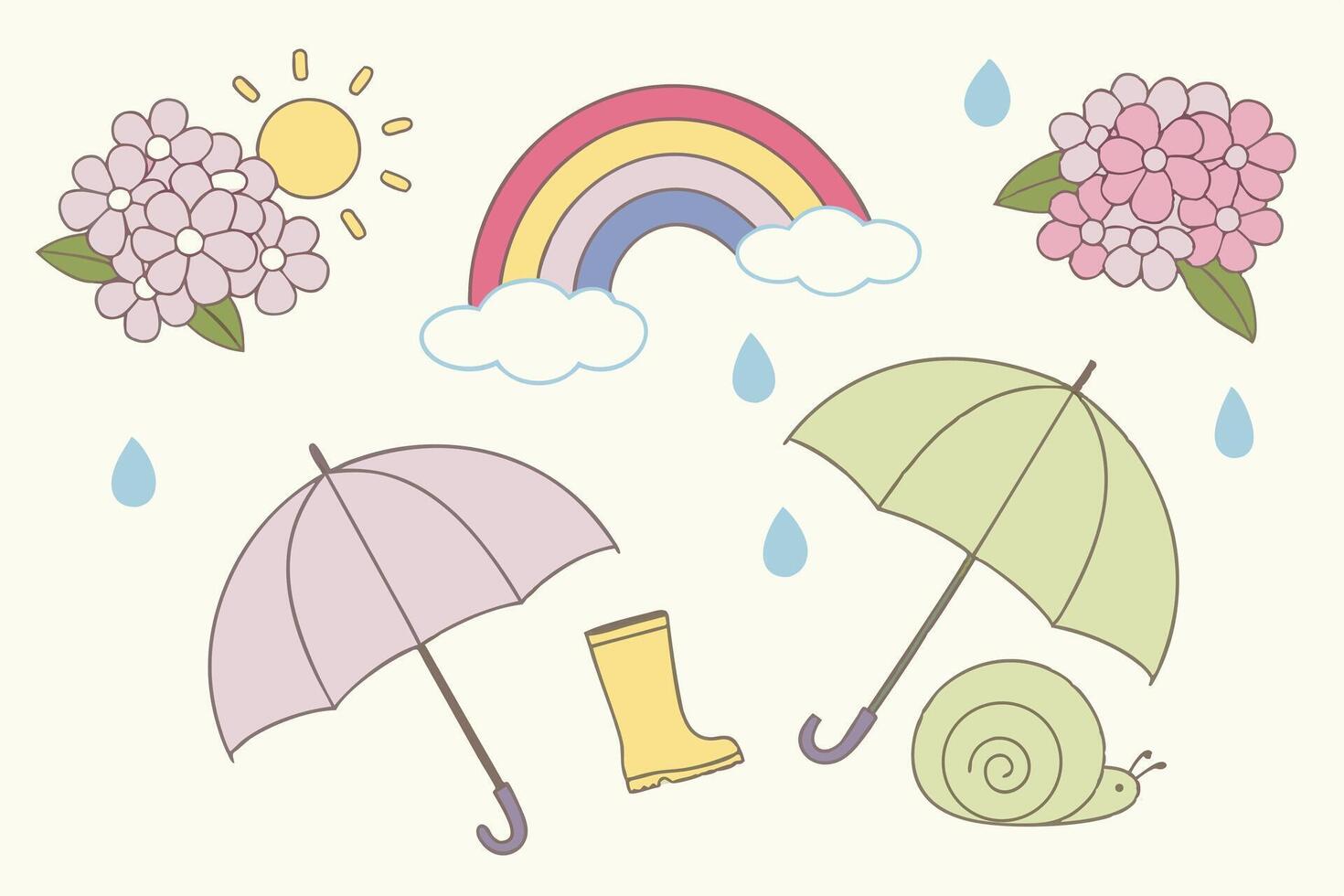 Delightful Rainy Day Illustration Pastel Umbrellas, Rainbow, Flowers, and Snail in a Sweet Spring Scene vector