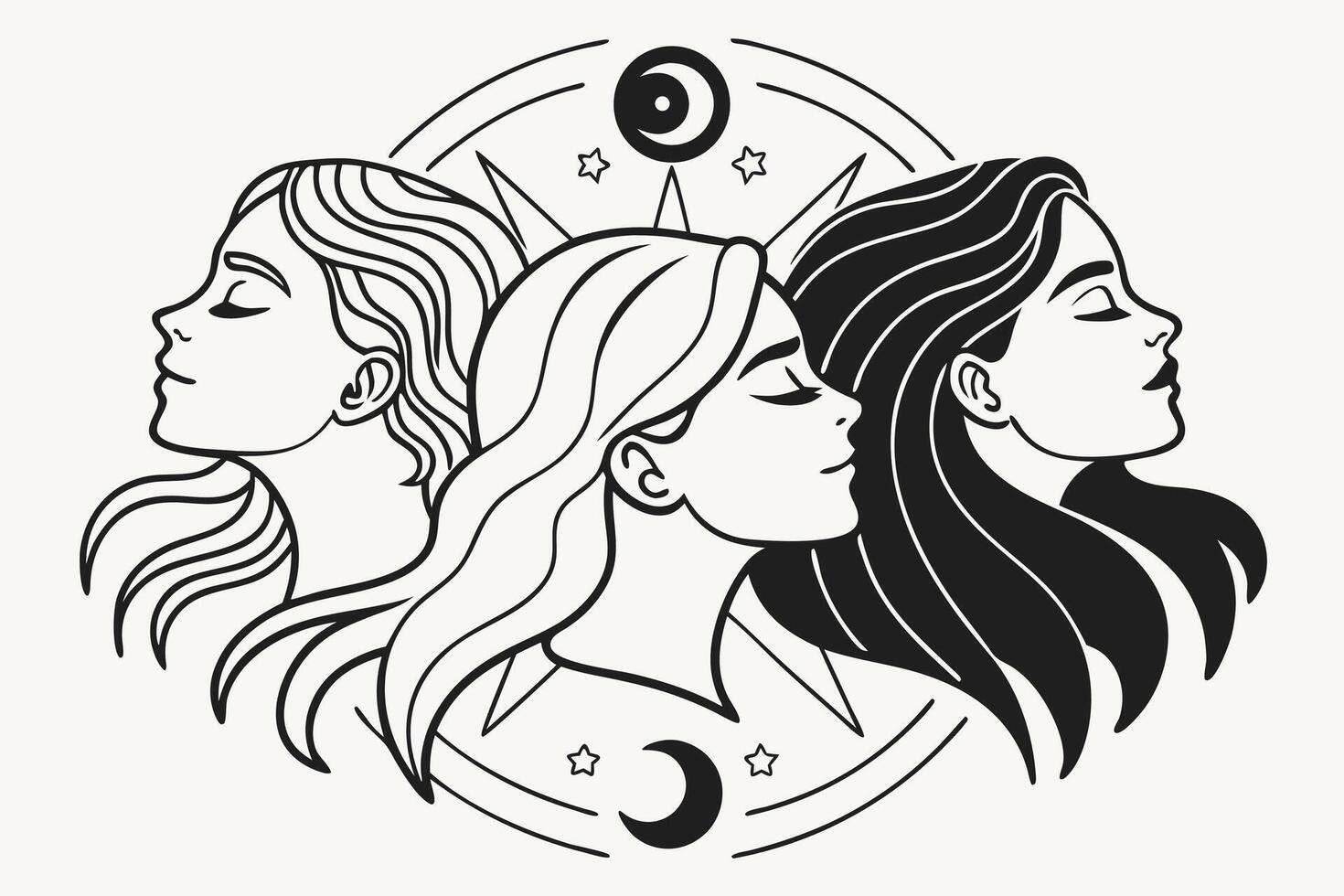 Serene Triple Goddess Moon Phase Art Print Mystical Women in Celestial Harmony, Peaceful Night Sky Setting vector