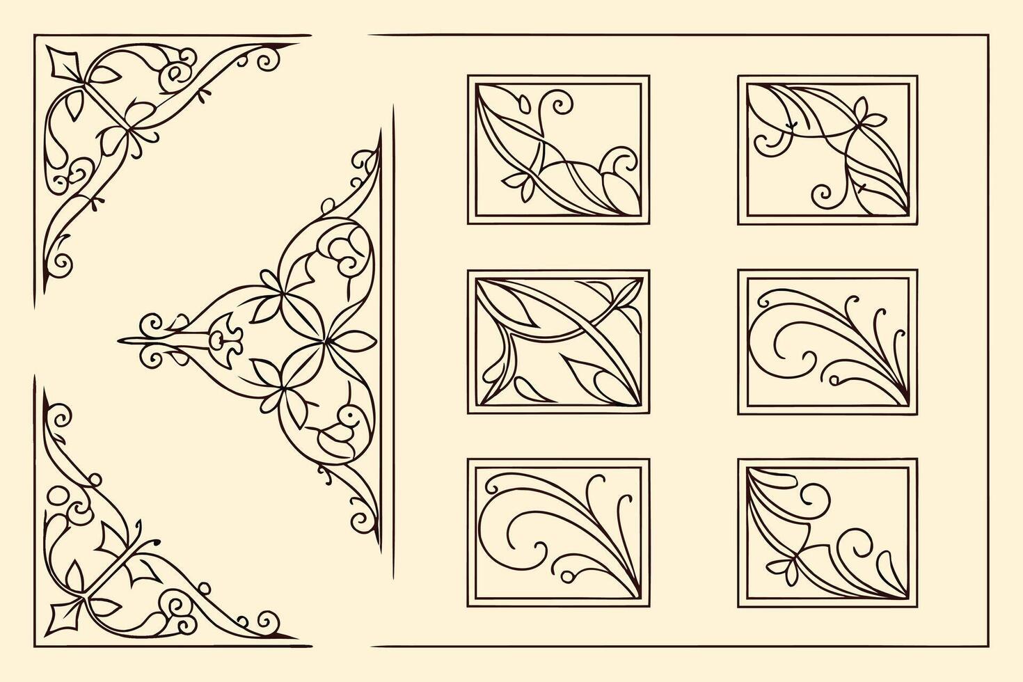 Elegant Flourishing Brown Line Art Corner and Tile Design Elements for Vintage, Romantic, or Classic Projects vector