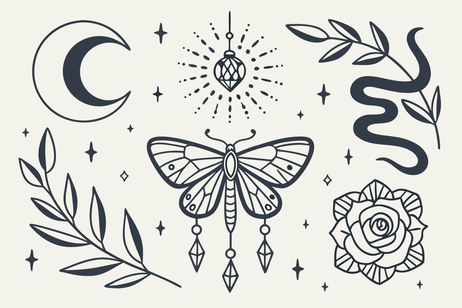 Enchanting Mystical Moon, Butterfly, and Snake Tattoo Design Elements Dark Academia Aesthetic - Professional digital artwork with vibrant colors and detailed composition vector