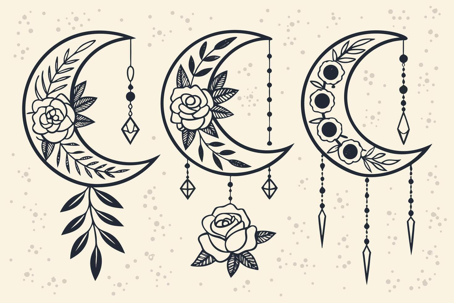 Mystical Crescent Moons Adorned with Roses and Crystals Dreamy Vintage Tattoo Designs for Boho Soul vector