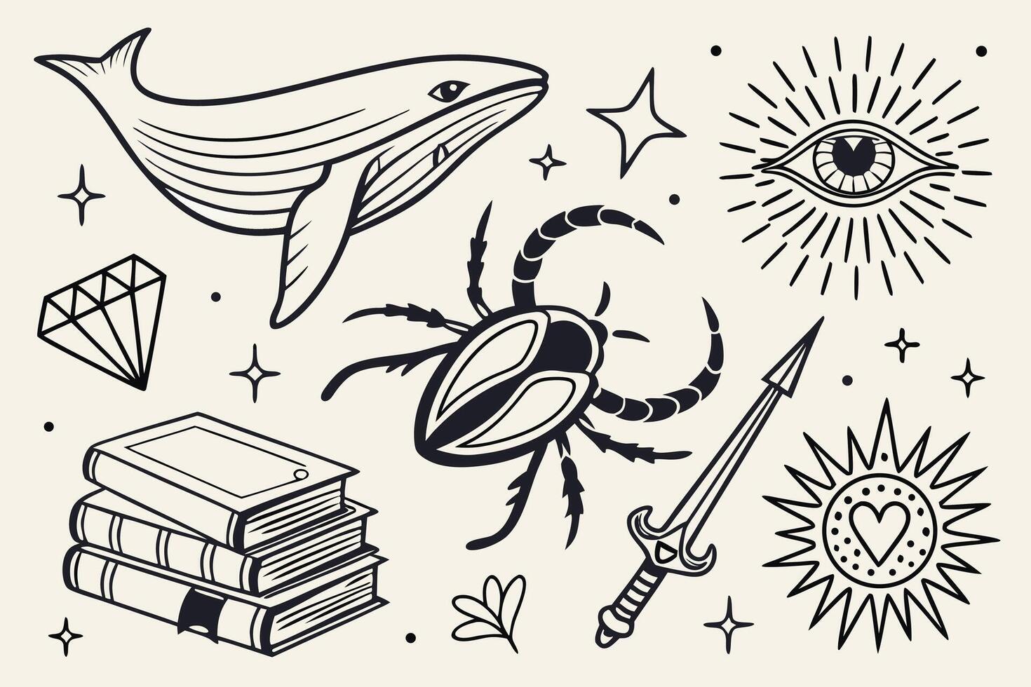 Mystical Tattoo Flash Sheet Enchanting Whale, Jewel, Insect, and Sword Designs in a Whimsical Style vector