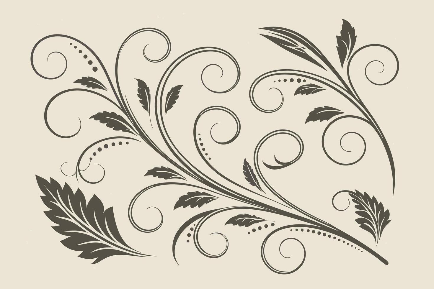 Elegant Flourishing Floral Design Swirling Leaves and Curls in a Serene Beige Background, Perfect for Vintage Decor vector