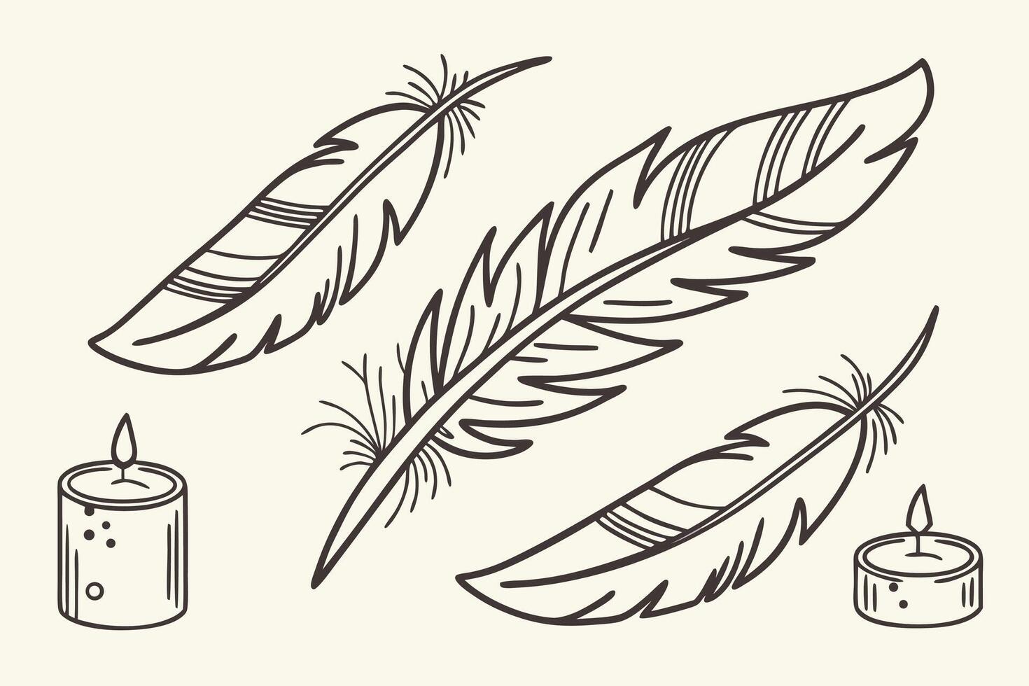 Serene Hand-Drawn Feathers and Candles A Peaceful Bohemian Illustration for Home Decor and Spiritual Design vector