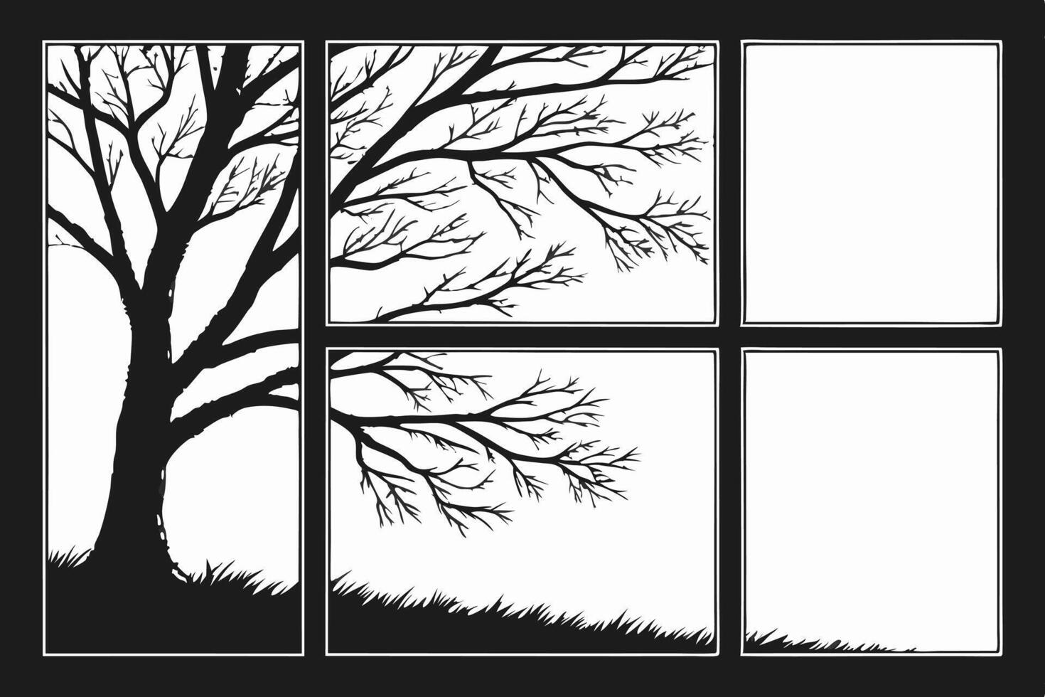 Serene Winter Landscape Viewed Through a Paned Window A Monochromatic Silhouette of Bare Branches and a Majestic Tree, Evoking a Sense of Quietude and Peace. vector