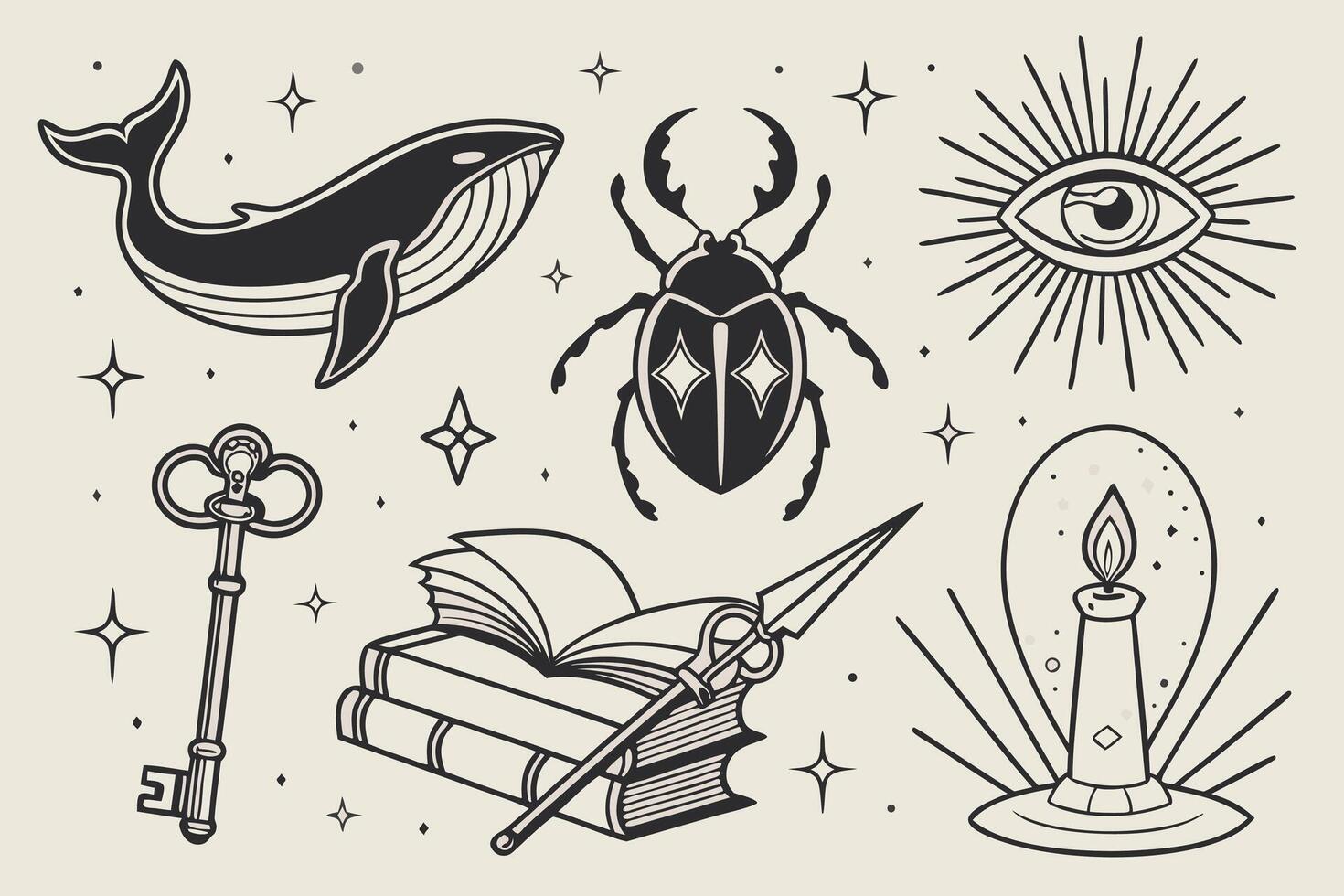 Enchanting Mystical Tattoo Designs Whale, Beetle, Eye, Key, Books, and Candle in a Starry Night Setting vector