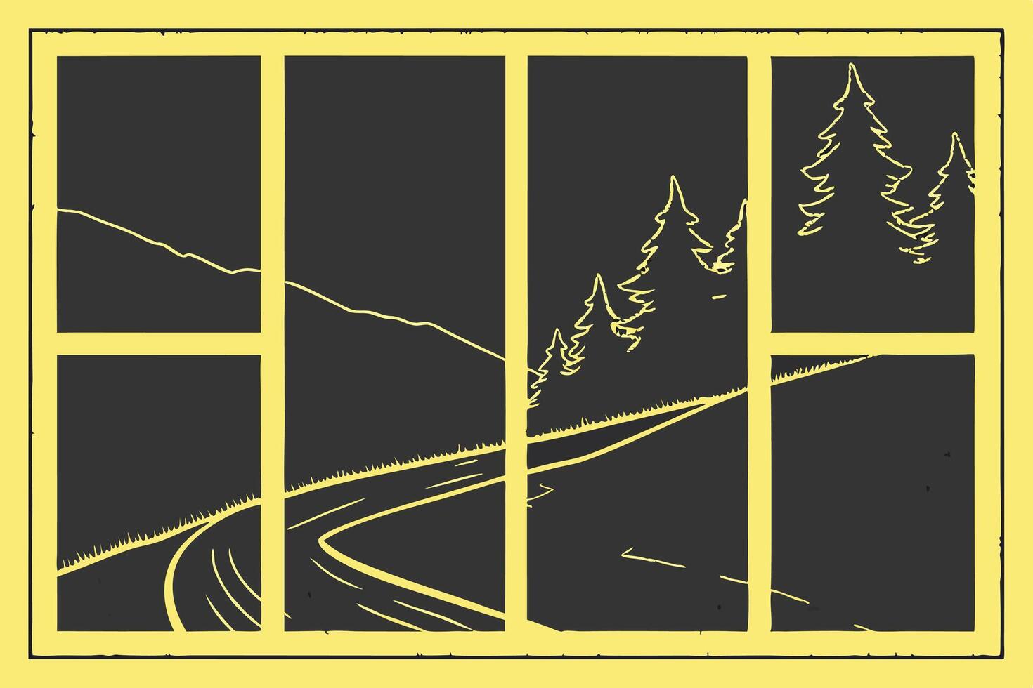Serene Nighttime Mountain Road View Through a Paned Window A Peaceful, Dark Illustration - Professional digital artwork with vibrant colors and detailed composition vector