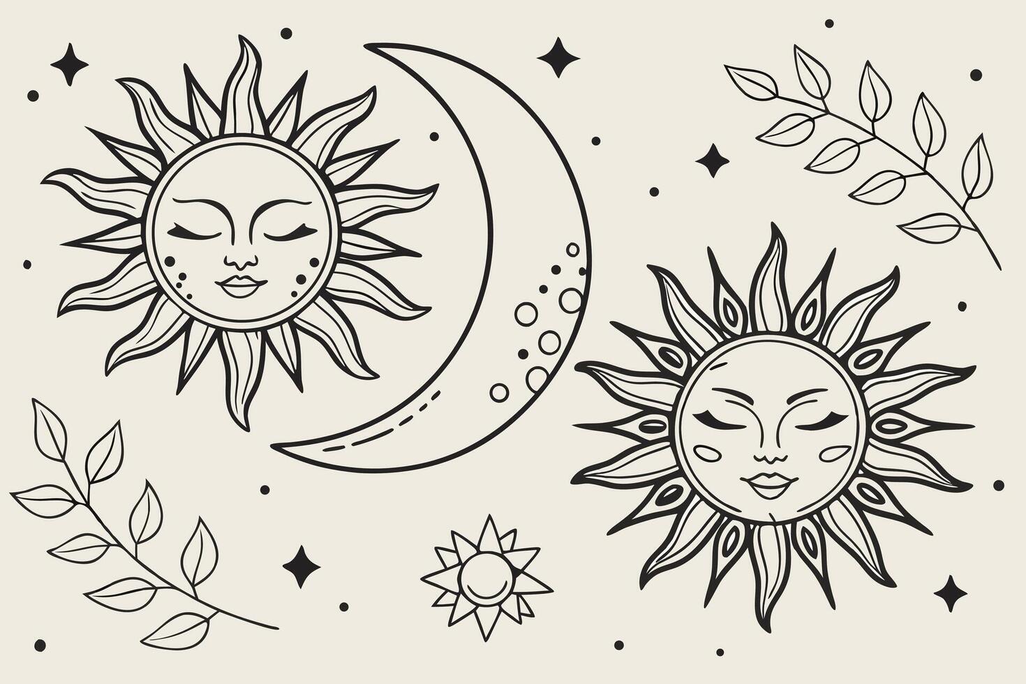 Serene Celestial Scene Mystical Sun, Moon, and Stars with Peaceful Faces in a Dreamlike Night Sky vector