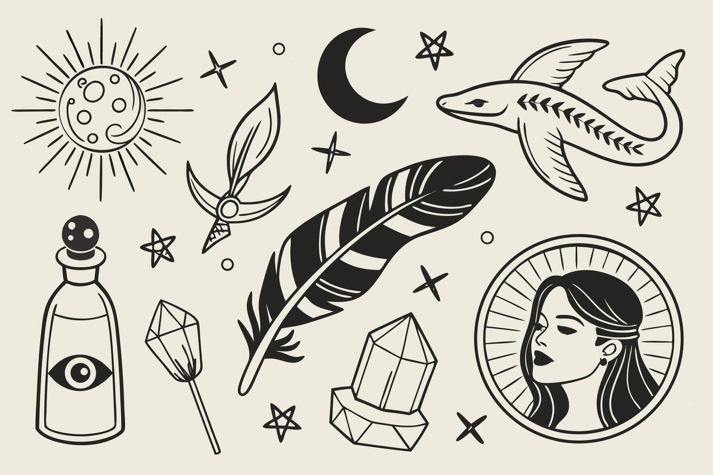 Mystical Moonlit Night Enchanting Collection of Witchy Tattoo Designs and Occult Symbols - Professional digital artwork with vibrant colors and detailed composition vector