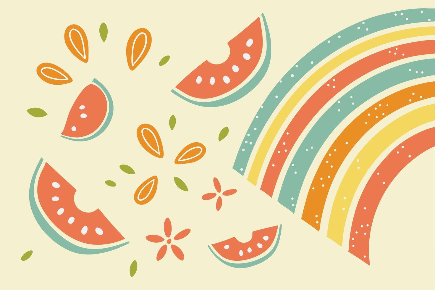 Delightful Summertime Illustration Joyful Watermelon Slices and a Pastel Rainbow on a Creamy Background - Professional digital artwork with vibrant colors and detailed composition vector