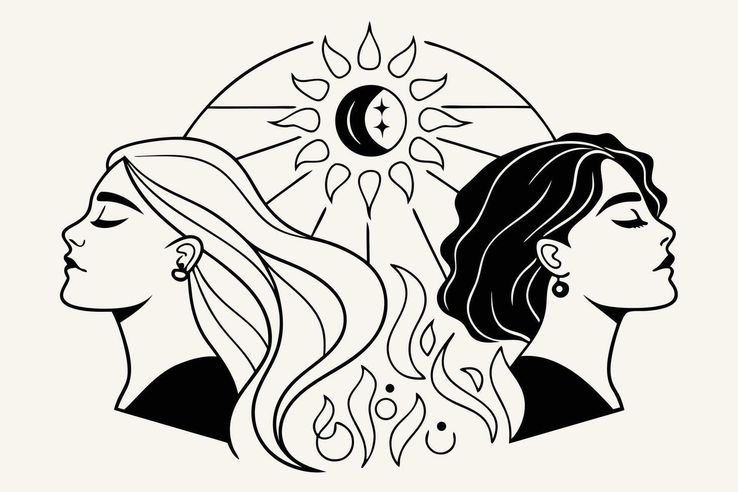 Serene Women Silhouetted Against a Celestial Sun and Moon, Mystical Line Art, Peaceful, Spiritual Artwork vector