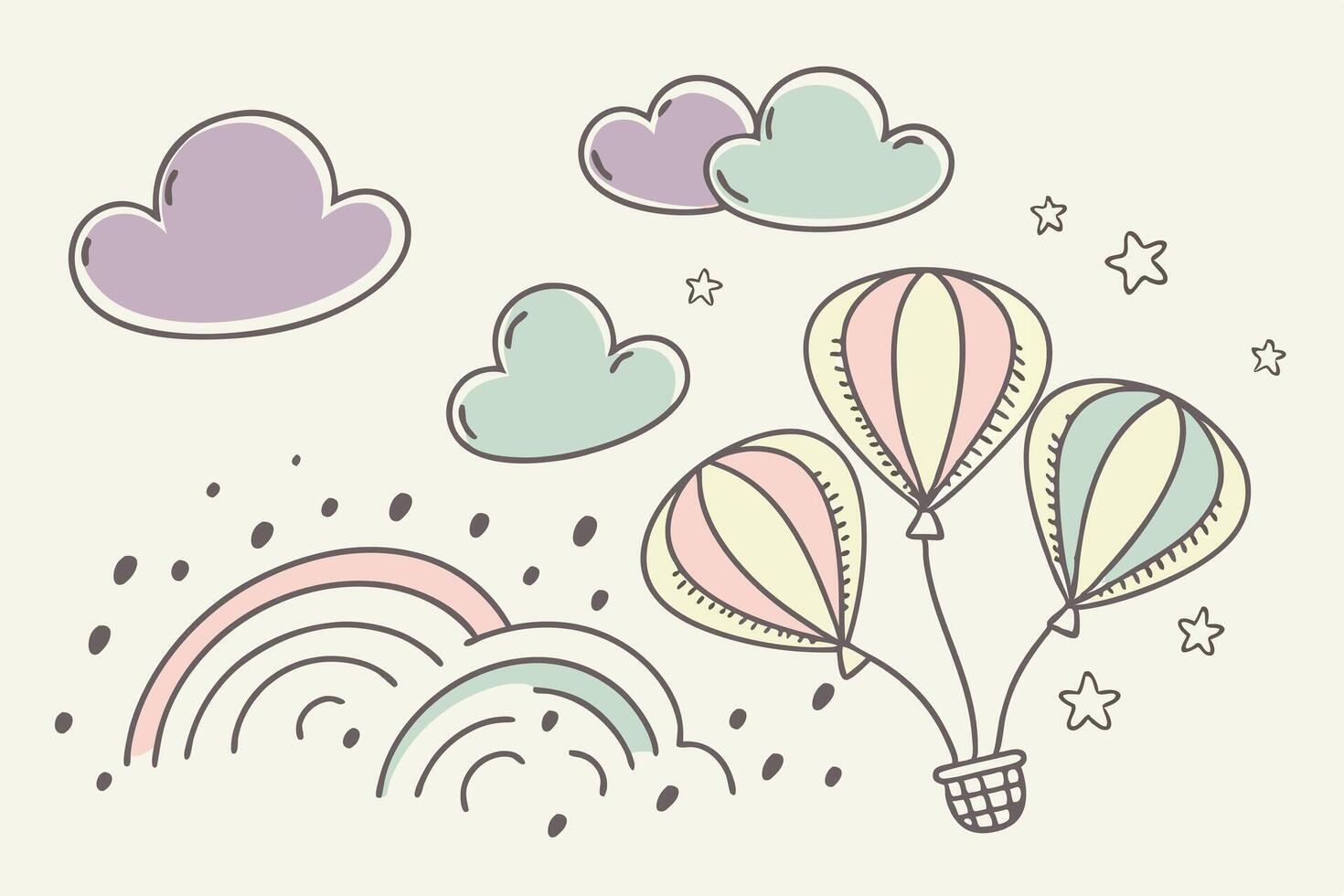 Whimsical Pastel Hot Air Balloons Soaring Through a Dreamy Sky, Cute Cartoon Illustration - Professional digital artwork with vibrant colors and detailed composition vector