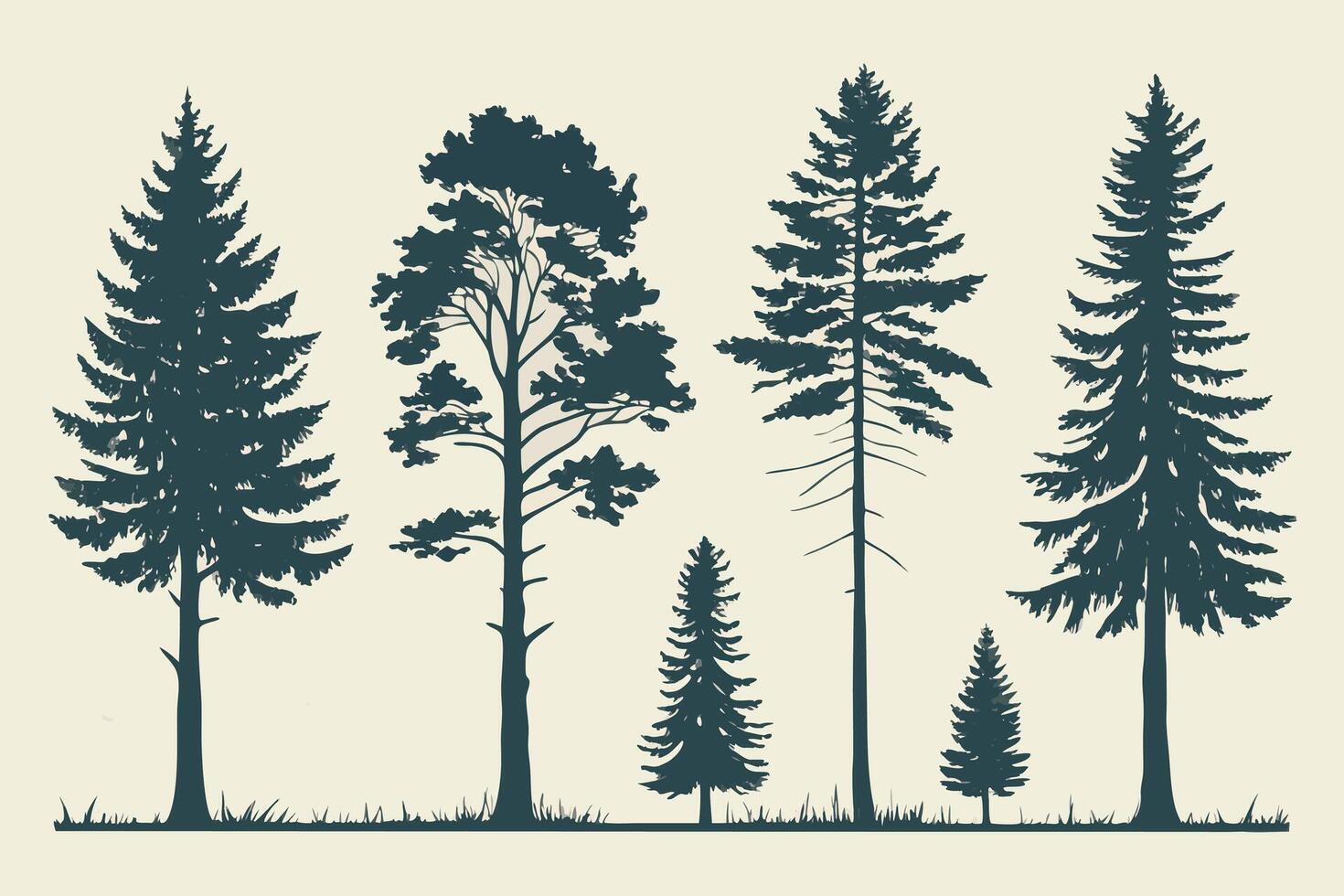 Serene Silhouette of Majestic Pine and Fir Trees in a Tranquil Forest Setting, Illustrated in a Dark Teal Color Palette vector