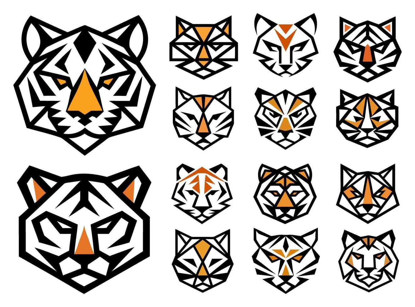 Set of Geometric Tiger Head Logos with Abstract Orange Accents vector