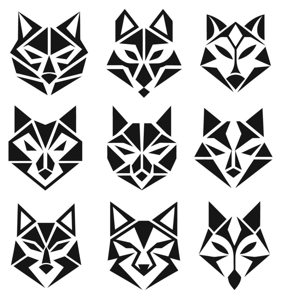 Set of nine geometric wolf head icons vector