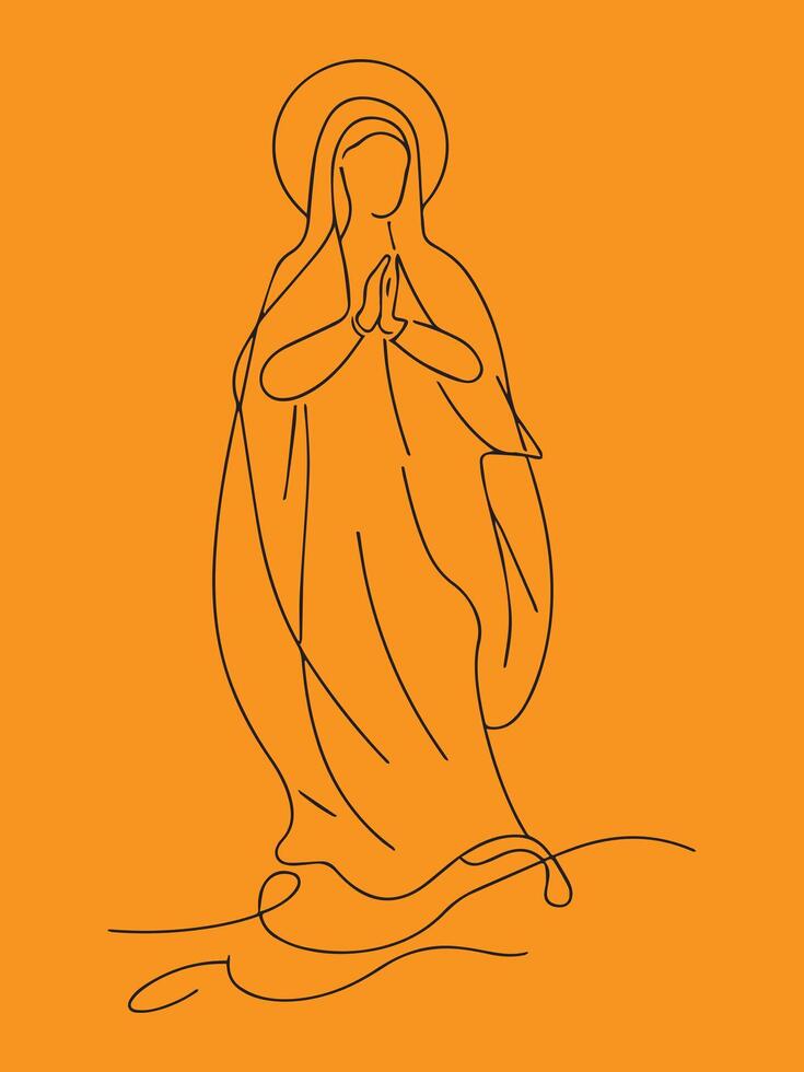 Praying figure with halo against orange background religious outline vector
