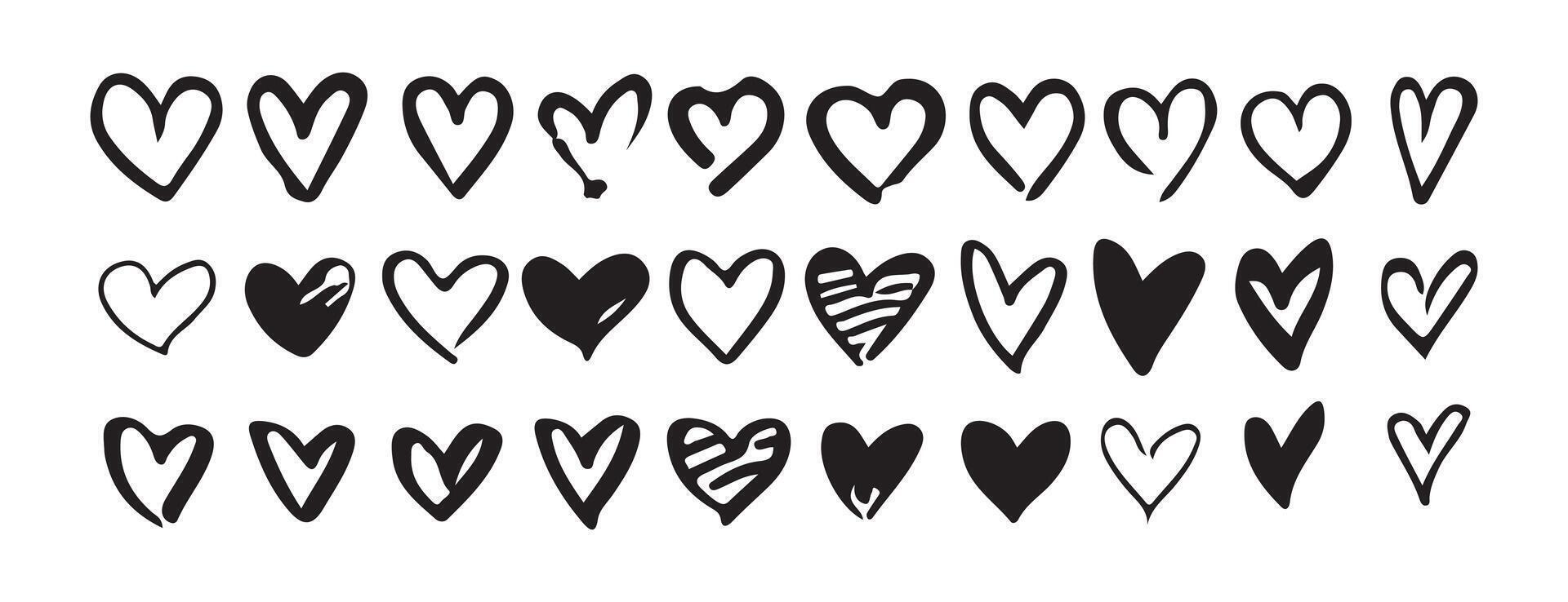 Black hearts or heart brush stroke icon set vector