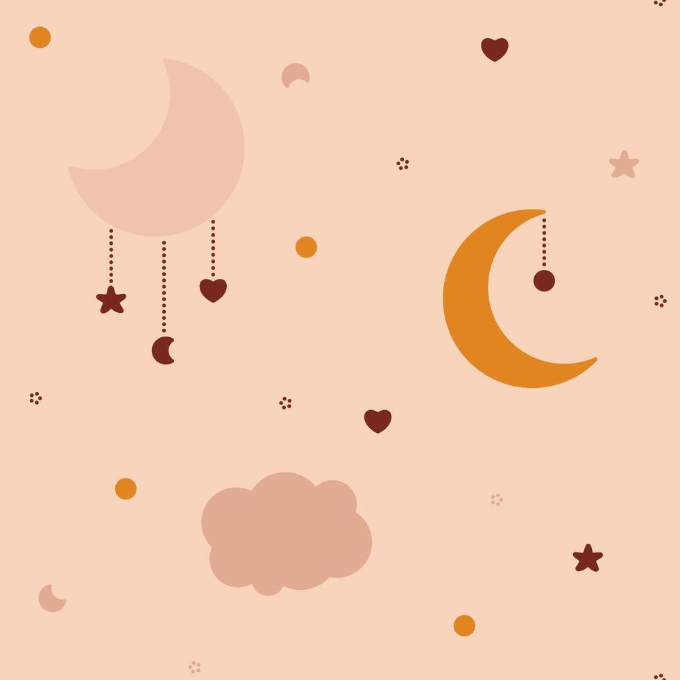 Bohemian baby seamless pattern with moon heart star crescent. vector
