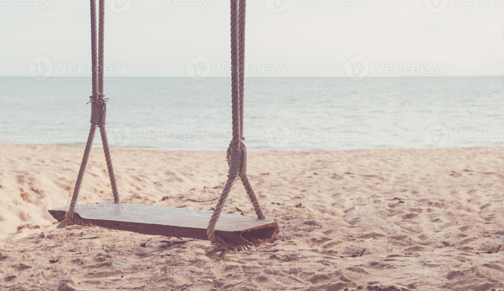 Close-up Rope wooden swing hanging on tree at topical beach with sunlight in Thailand photo