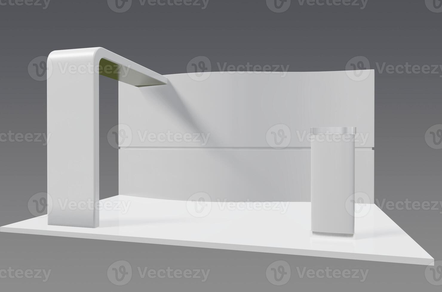 A white display stand with a white wall photo