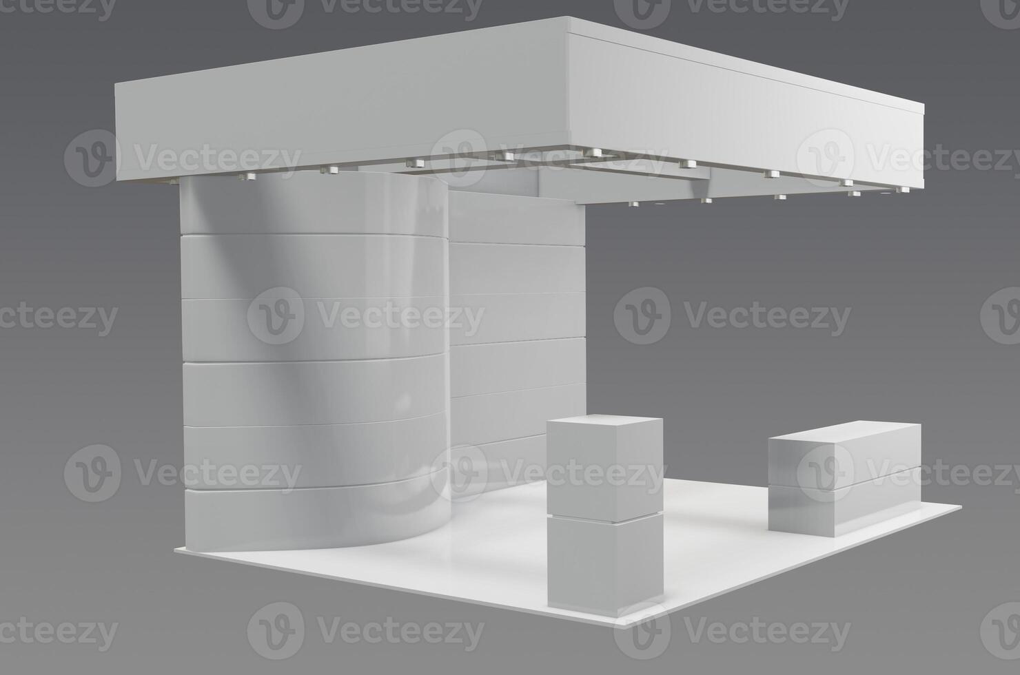 A white booth with a white wall and a white table photo
