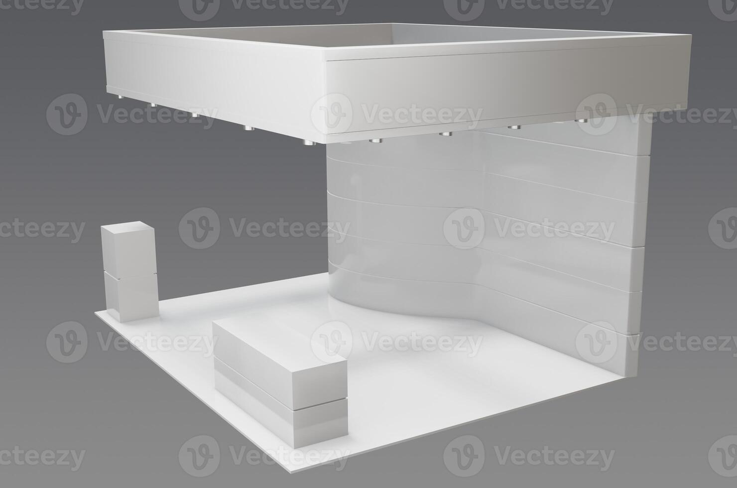 A white display stand with a white table and chairs photo