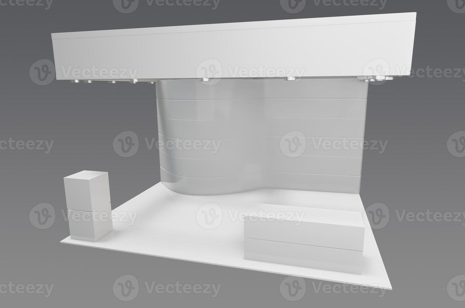 3d model of a white booth with a white wall photo