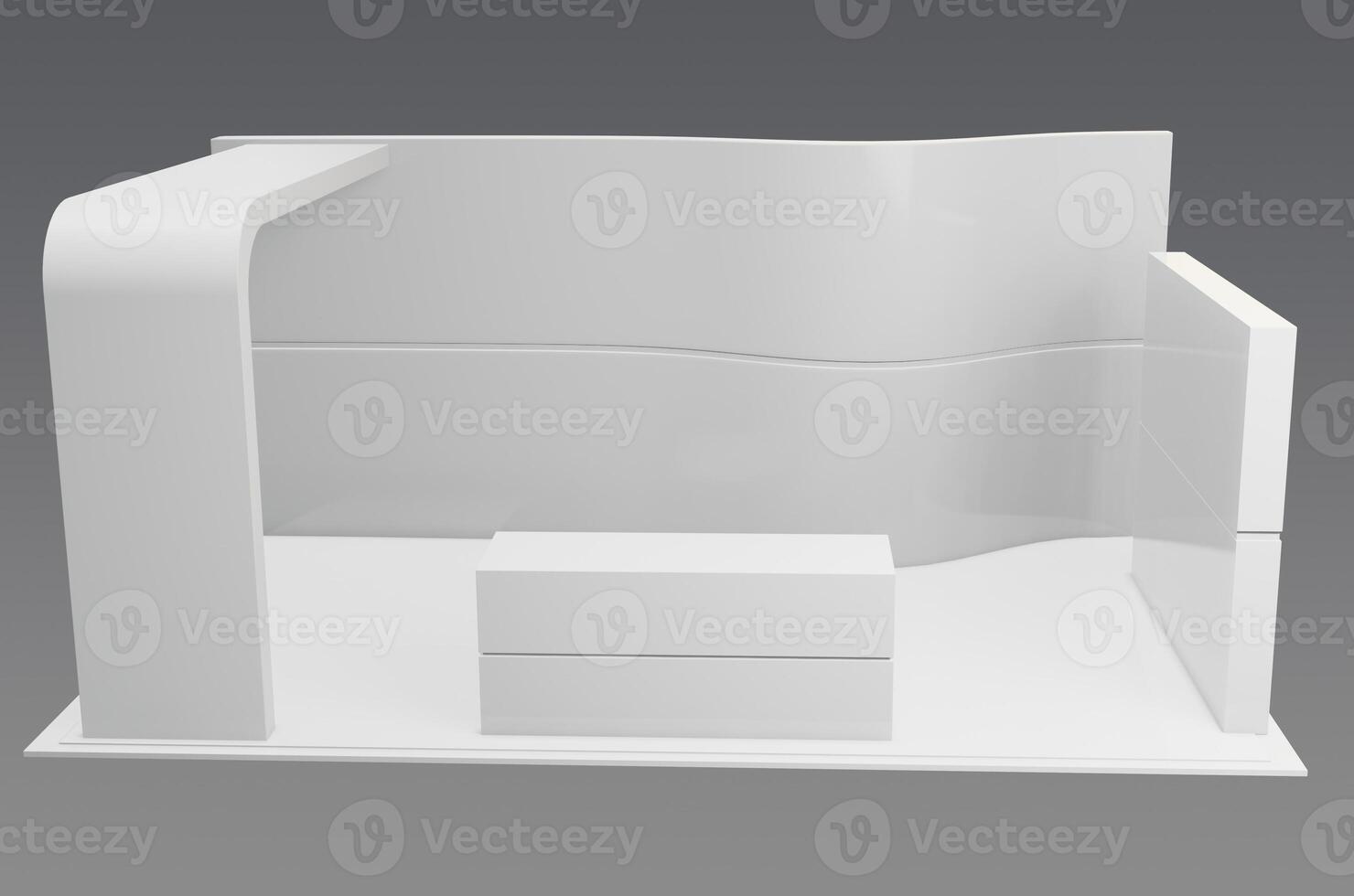 A white display stand with a white table and chair photo