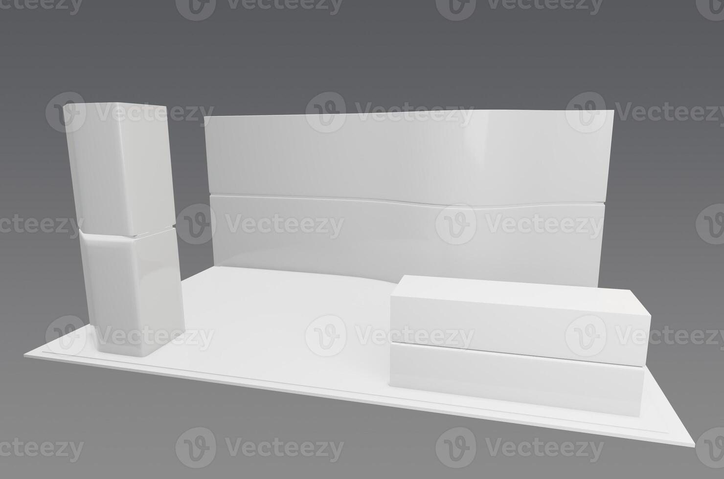 A white display stand with a white table and two chairs photo