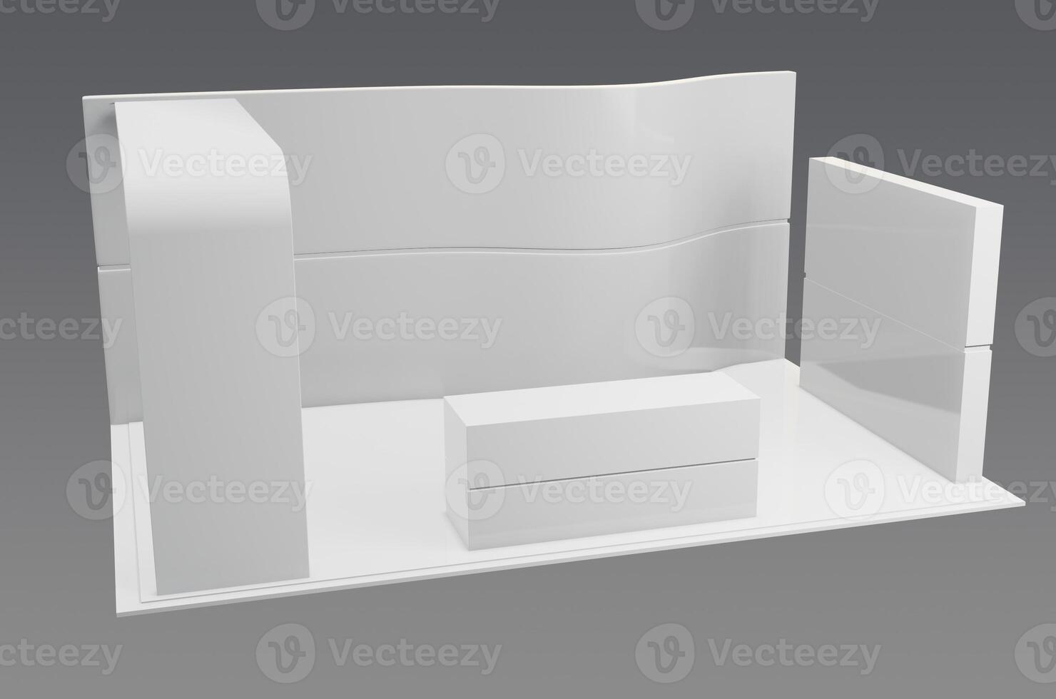 A white display case with a white desk and chair photo