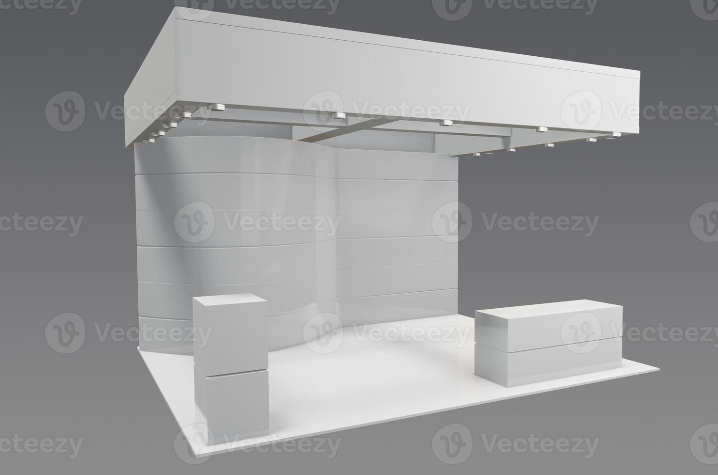 A white display booth with a white table and chairs photo
