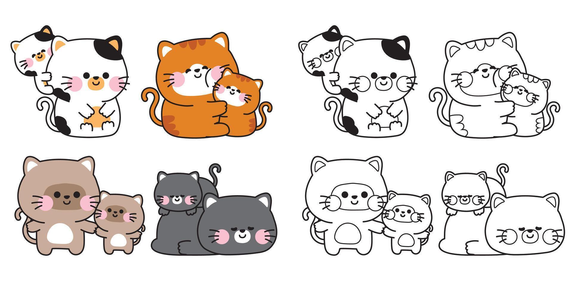 Coloring pages.No1.Set of cute mom cat and baby cat in various poses.Kitten.Meow.Mother day.Love.Pet animal character cartoon design.Painting book.Kawaii..Illustration. vector