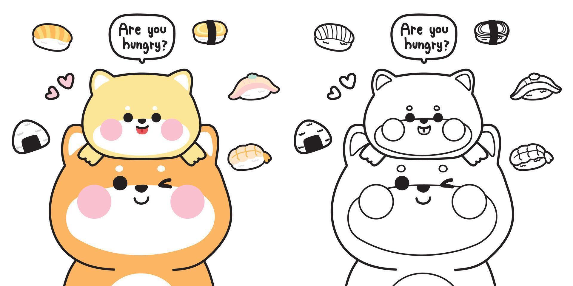 Coloring pages.Cute baby shiba inu dog stay on mom head.Sushi and onigiri is japanese food.Rice ball.Mother day.Japanese pet animal character cartoon design.Painting book.Kawaii.. vector
