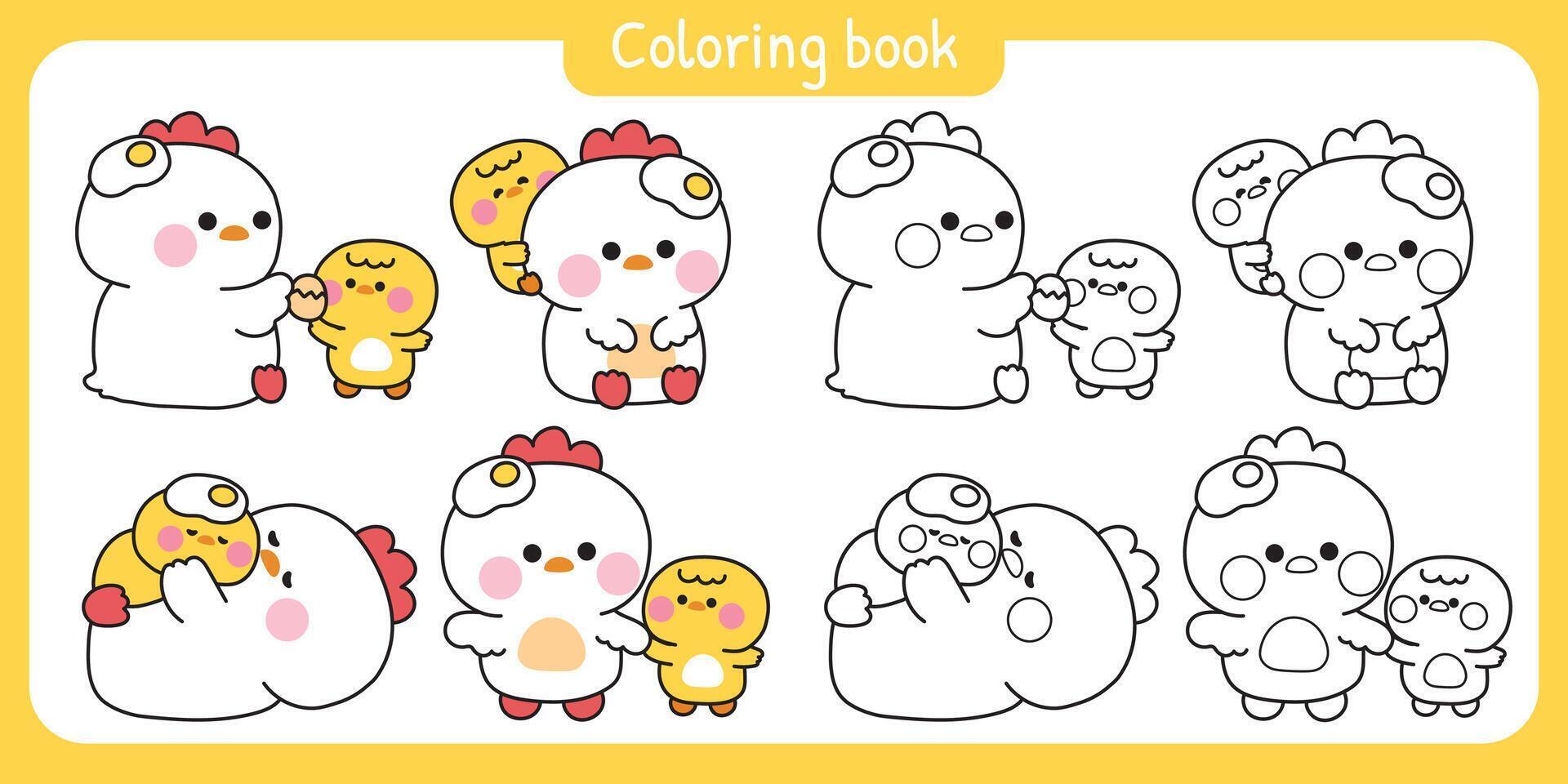 Coloring pages.No1.Set of cute mom hen and baby chicken in various poses.Mother day.Love.Fried egg.Farm bird animal character cartoon design.Painting book.Kawaii..Illustration. vector