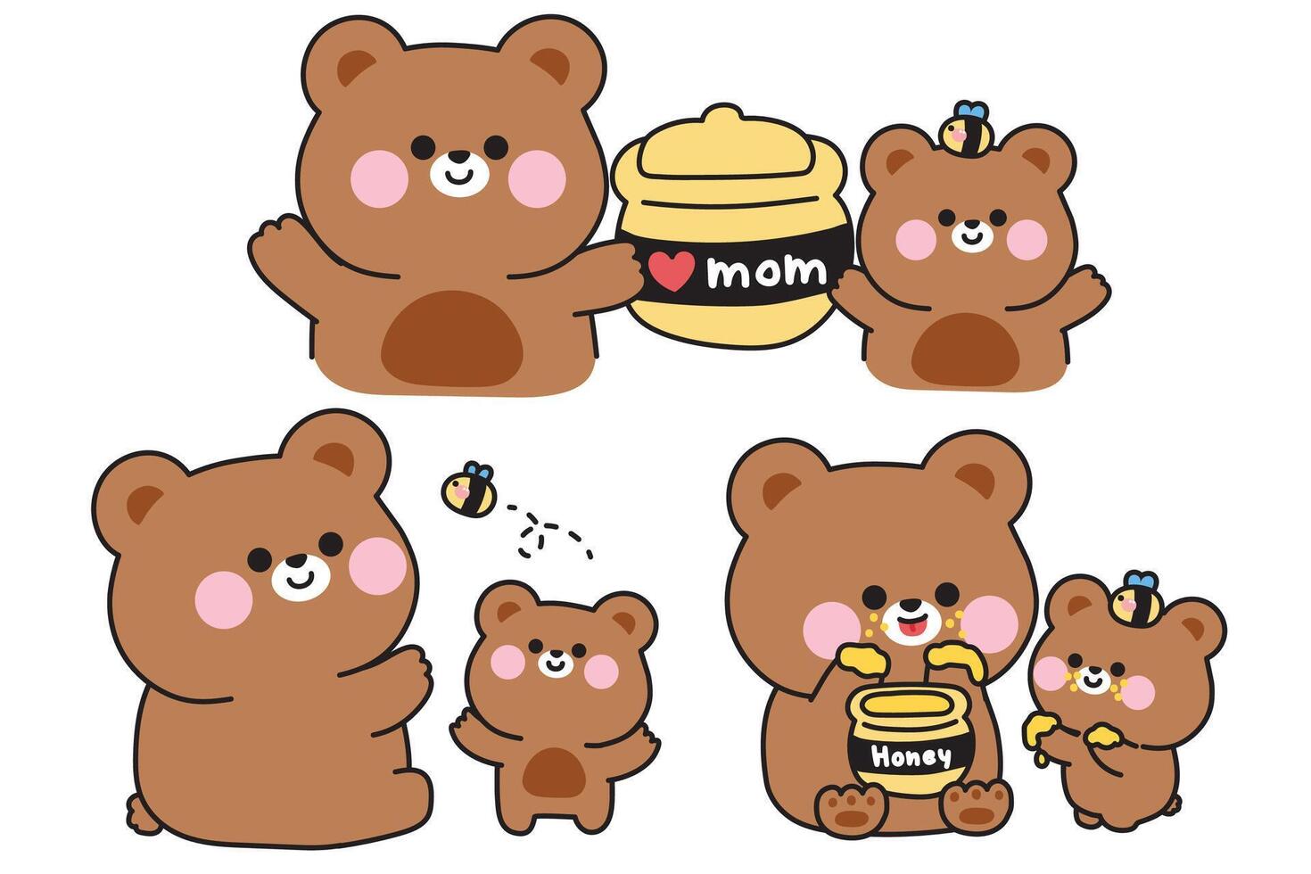 No3.Set of cute mom teddy bear and baby bear in various poses with honey and bee.Mother day.Love.Heart.Wild animal character cartoon design.Kawaii..Illustration. vector